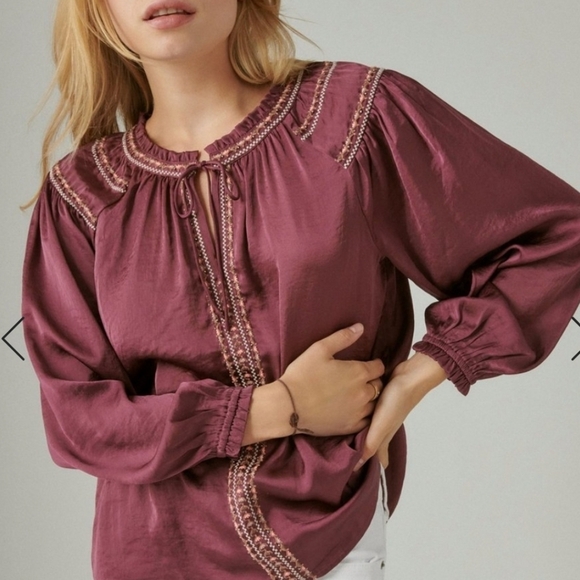 Elegant Embroidered Satin Peasant Top - Picture 5 of 7